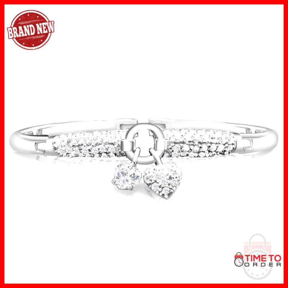 Sterling Silver Bracelet Hinged Bangle Heart Charms Cubic Zirconia Elegant